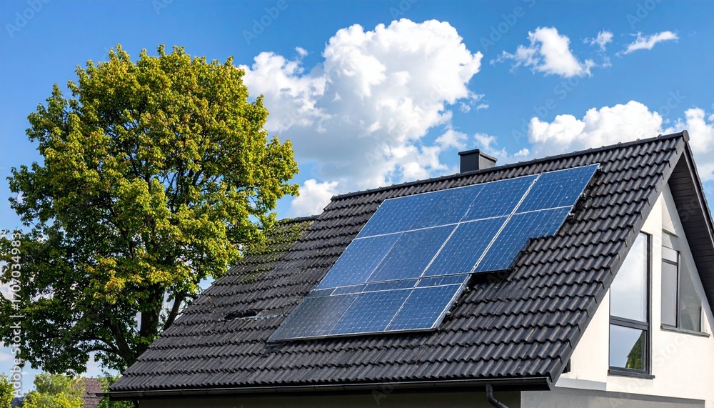 Fototapeta premium Sustainable Home Energy Solar Panels on Residential Roof
