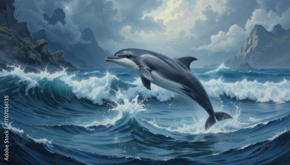 Fototapeta premium An oil painting of a playful dolphin leaping out of the water against a backdrop of stormy ocean waves.