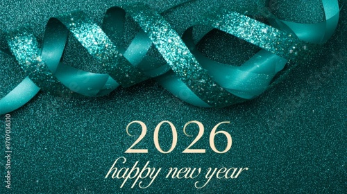 Glittering transformative teal background with ribbon and text for Happy New Year 2026, greeting card or banner 