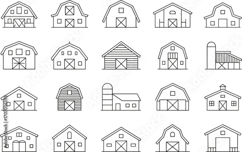 Barn icons set, farm building vector, agricultural barn illustrations, rural barnhouse symbols, farming structures, barn silhouettes collection, barnyard design elements
