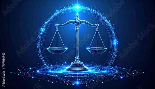 Futuristic glowing blue scales of justice symbolizing cyber law and virtual equality on a digital network background