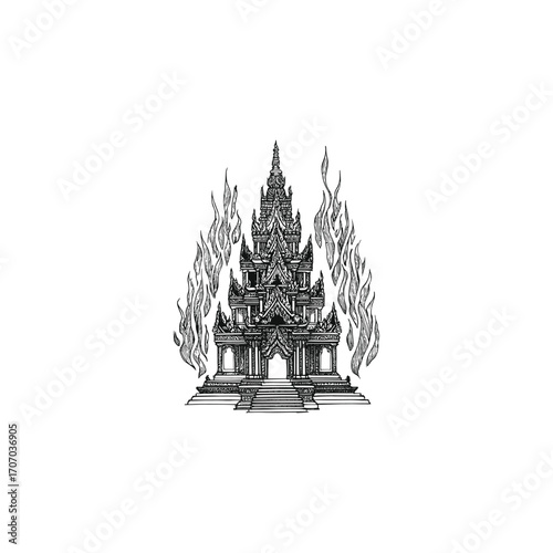 Dramatic black and white vector illustration of an ancient Asian temple or stupa engulfed in stylized flames