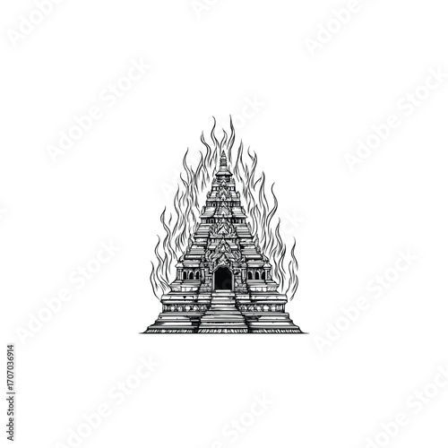Dramatic black and white vector illustration of an ancient Asian temple or stupa engulfed in stylized flames
