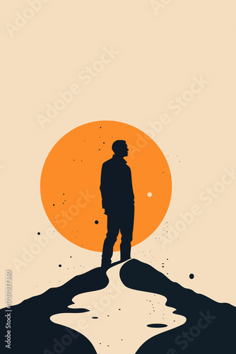 Silhouette of man standing on mountain peak with orange sun background – abstract success and decision concept