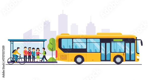 Illustration of yellow bus at a bus stop with people and bicycle in city