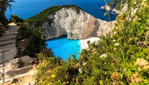 Fototapeta Naklejka Na Ścianę i Meble -  Overlooking a secluded cove with turquoise water, a white sand beach, and steps leading down to it