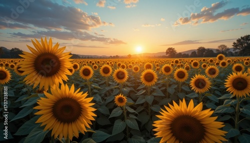 A breathtaking field of rare golden sunflowers glowing under the setting sun, with vibrant colors and surreal beauty, ultra realistic, 8k.