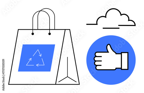 Eco-shopping bag with recycling logo, hand gesture for approval, and minimalist cloud. Ideal for sustainability, eco-lifestyle, conscious shopping, recycling, approval, environmental care simple