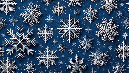 Intricate white snowflakes on dark blue winter backdrop