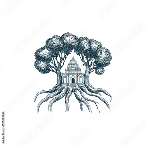 Detailed black and white vector illustration of an ancient stone temple or shrine integrated into a giant, sprawling tree with visible roots