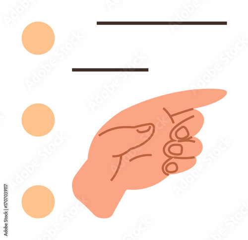 Hand gesture pointing to a bullet list of items with lines and circles, representing task selection, organization, priorities, agenda setting, productivity, decision-making, direction. Simple flat