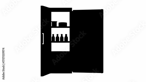 Illustration of an open cabinet with shelves containing containers and bottles in a simple black silhouette