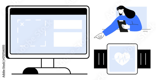 Computer screen displaying interface grids, woman pointing while holding a tablet, and a smartwatch with heart monitoring. Ideal for technology, health app, user interface, remote monitoring, data