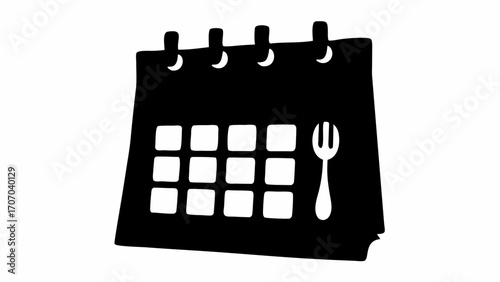 Black and white calendar icon with a fork on the side representing meal planning or scheduling food events