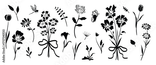 Black and white Flower element vector set.  Silhouette botanical with floral, stalk, branch, leaves. Design illustration for card, packaging, sticker, decorative.