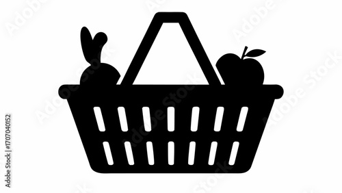 A black silhouette of a shopping basket filled with an apple and a root vegetable on a white background