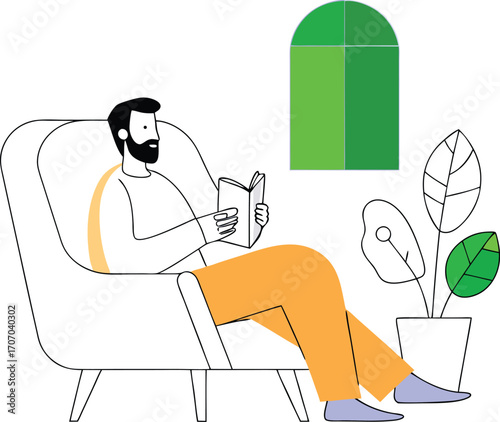 Bearded man in orange pants reading a book on a chair with a plant and window vector