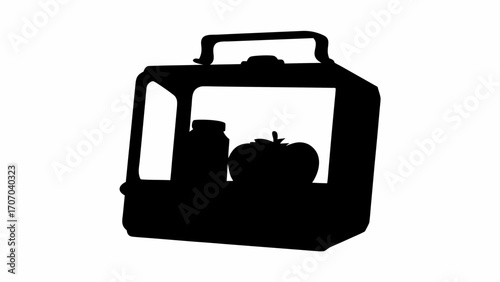 Silhouette of a lunchbox containing a jar and an apple, isolated on a white background, simple illustration