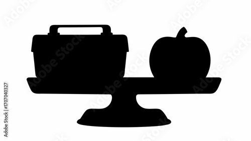Silhouette illustration of a lunchbox and an apple on a balance scale, contrasting food choices and health