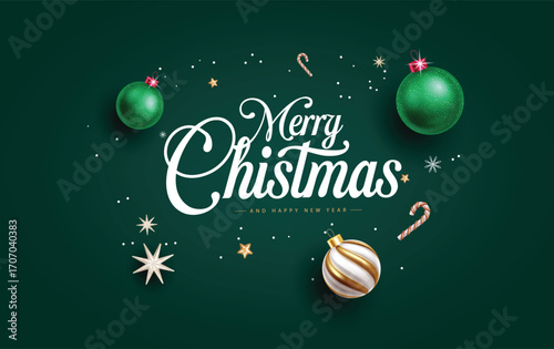 Christmas card illustration with glittering ornaments, golden stars, and a festive holiday greeting, perfect for seasonal cards, banners, and invitations. Elegant Christmas greeting with ornaments, st