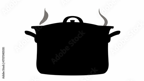 Illustration of a black cooking pot with a lid and steam rising from it on a white background