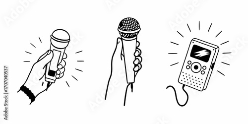 Illustration of hands holding microphones and a digital audio player in black and white style