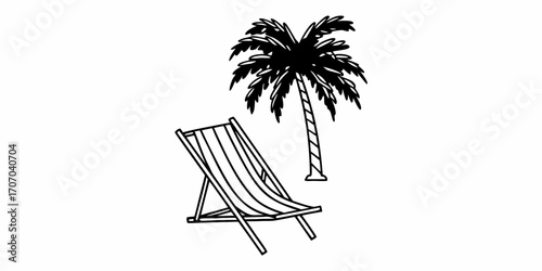Illustration of a beach chair and a palm tree in black and white simple drawing style for relaxation theme