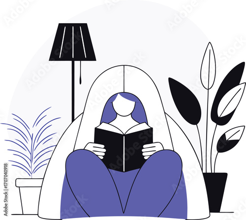 Person reading a book in a comfortable chair with plants and a lamp vector