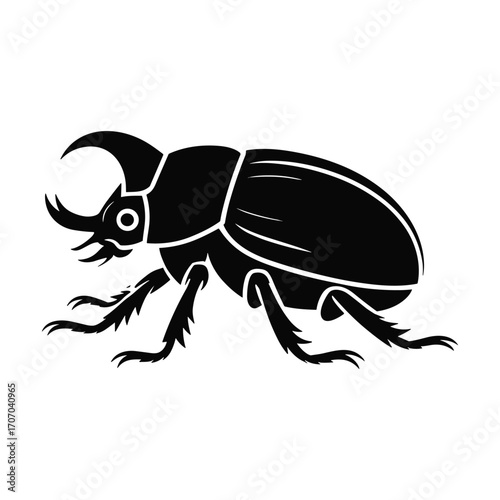 Black silhouette of a majestic rhinoceros beetle with prominent horns