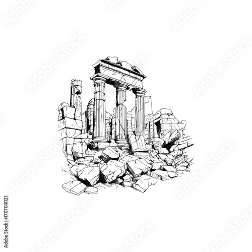 Highly detailed black and white vector illustration of ancient stone ruins, featuring crumbling walls, broken steps, and massive columns