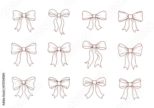 Illustration of collection of twelve handdrawn bow illustrations