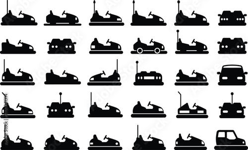 Bumper cars silhouette set, amusement park ride icons, carnival entertainment symbols, funfair vehicles collection, racing cars, leisure activities.