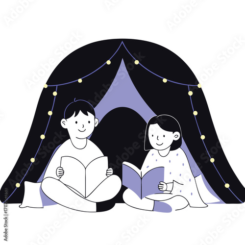 Two children reading books inside a dark tent with yellow string lights siblings