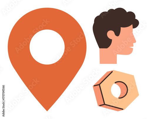 Orange location marker, human side profile silhouette, and a hex nut symbolizing navigation, identity, and design. Ideal for mapping, identity, mechanics, teamwork creativity strategy