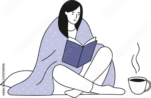 Young woman wrapped in a polka dot blanket reading a book with a cup of coffee vector