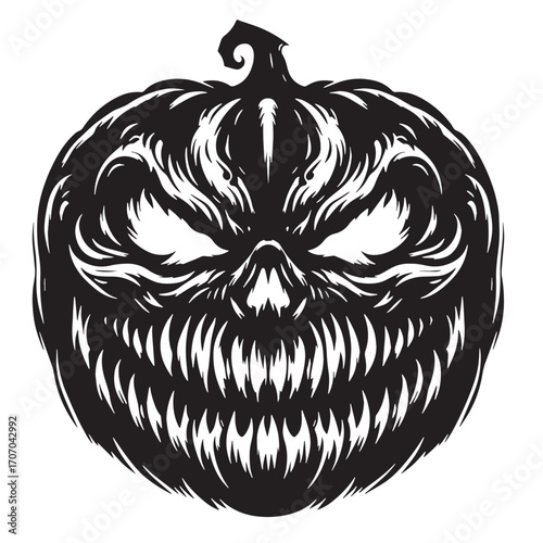 Black Evil Pumpkin Face Silhouette Vector Illustration design, Solid White Background
