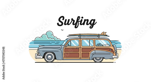 Vintage woody station wagon surfboard transport on a sandy beach with blue ocean and cloudy sky in the background, classic car for coastal travel and summer fun