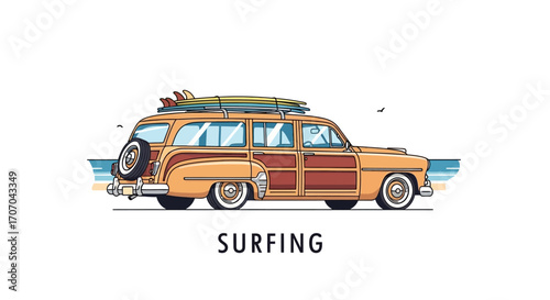 Retro woody station wagon with surfboards on the roof rack, ready for a surf trip to the beach, vintage car illustration symbolizing freedom and adventure