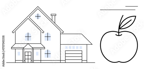 Minimal outline of a house with attic and garage beside an apple drawing. Ideal for housing, health, sustainability, real estate, minimalism, lifestyle, and food themes. Simple flat metaphor