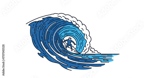 Surfer riding a large blue wave, dynamic ocean sport illustration, embodying adventure and the thrill of catching a ride on a powerful cresting water swell