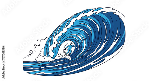 Surfer rides a large, powerful blue wave breaking in the ocean, illustrating the thrill and challenge of water sports and extreme adventure
