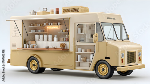A food truck, showcasing a charming mobile eatery. The truck is in a neutral color scheme