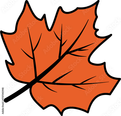 Simple Outlined Maple Leaf in Autumn Color with Black Line Art