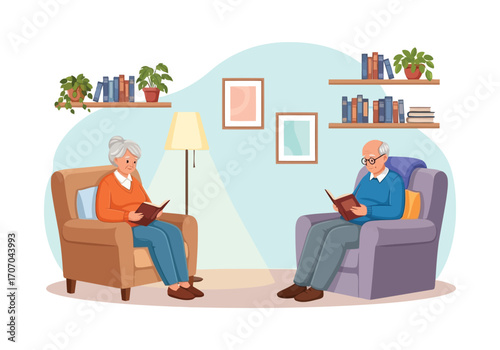 Illustration of elderly couple reading books in comfortable armchairs at home
