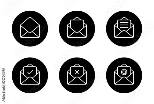 Open email envelope outline icon in black circle. Message symbol with check, cross, text, and mention sign