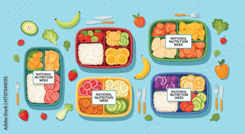 Illustration of overhead view of healthy lunch boxes for nutrition week