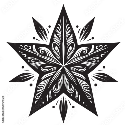 Black Christmas Star Silhouette Vector Illustration design, Solid White Background
