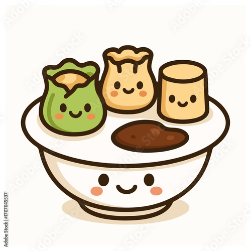Kawaii Dim Sum in Bowl with Sauce