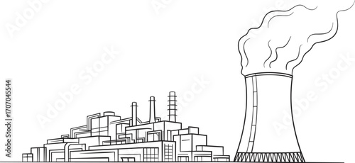 Industrial power plant line drawing, cooling tower with steam, chimneys, energy production facility, infrastructure illustration, electricity generation, flat vector design
