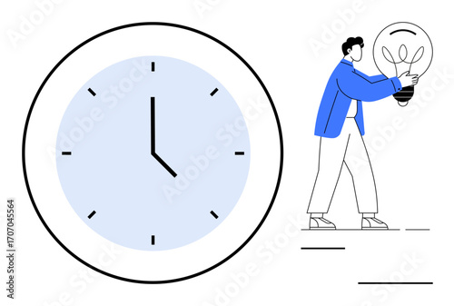 Large clock alongside person carrying lightbulb symbolizing time management, creativity, innovation, productivity, problem-solving, deadlines, and planning. Ideal for simple flat metaphor